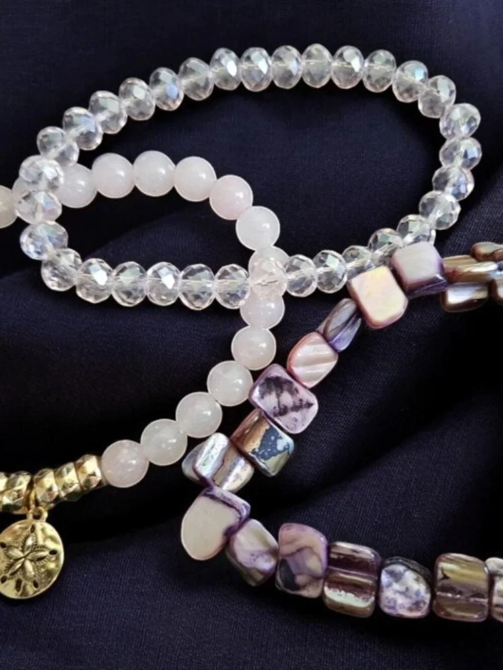 AVON Pink Beaded Stretch 3 Bracelet Set Goldtone Starfish Charm